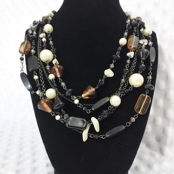 Lia Sophia Vixen Necklace Multi Strand Hematite Chain Amber Pearls - Picture 6 of 6